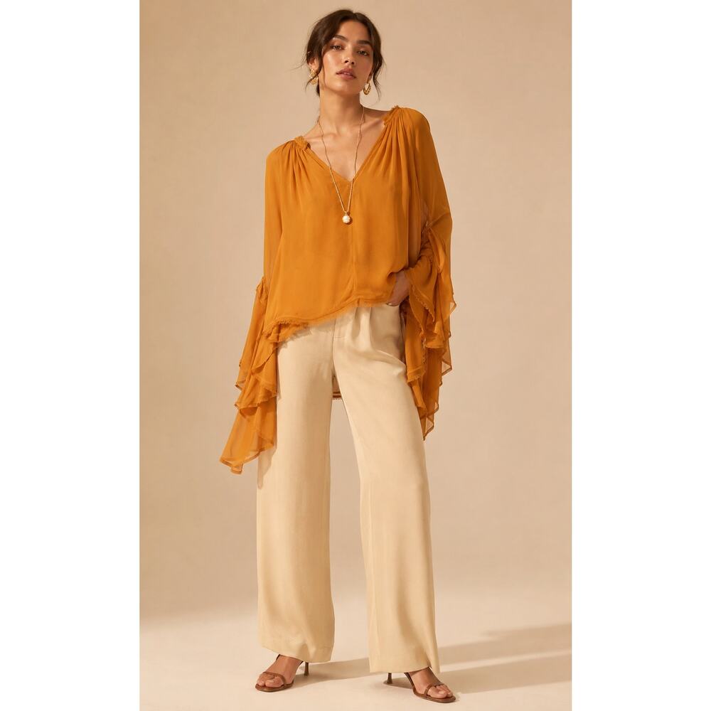 Anthropologie Boho Silk Sheer Chiffon Top In Gold Extra Small